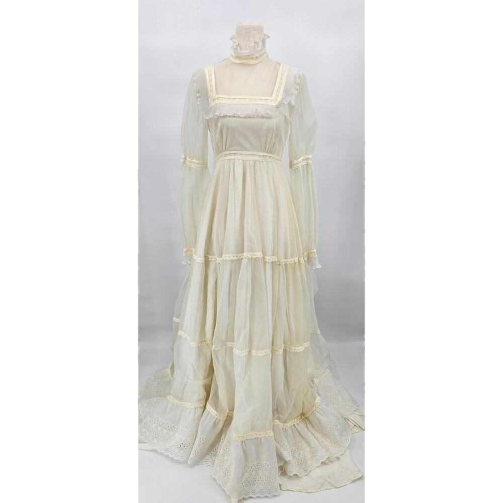 Vintage 70s Ivory and White Empire Waist Lace and Ruffle Wedding Dress